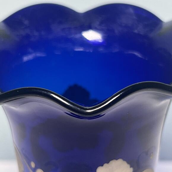 Antique Moser Bohemian Czech Cobalt Blue Vase Hand Blown Ruffle Mouth 6 Inches - Picture 10 of 11